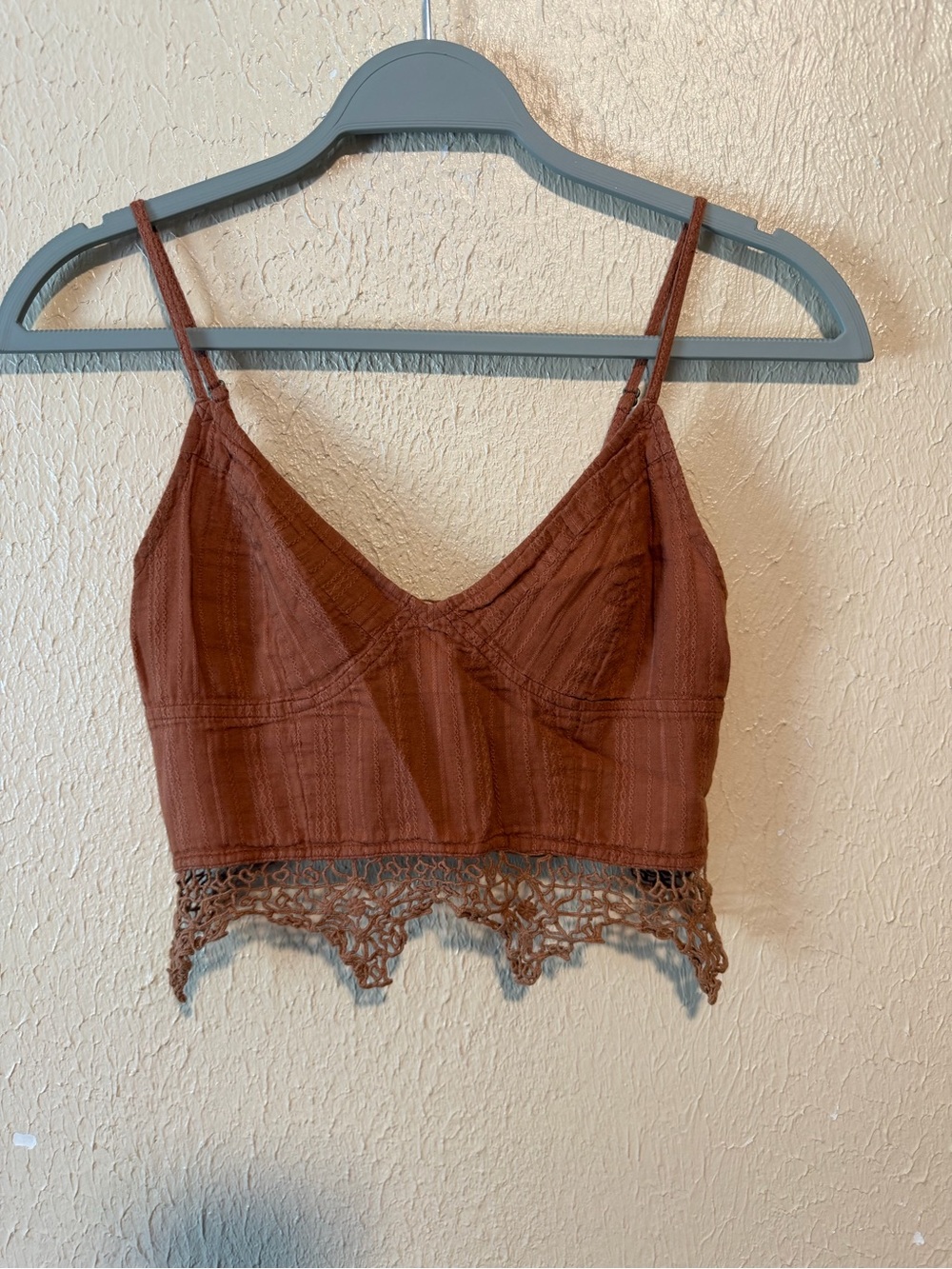 Free‎ People FP One Battenburg Bralette Crop Top Crochet Lace Smocked Rust Small